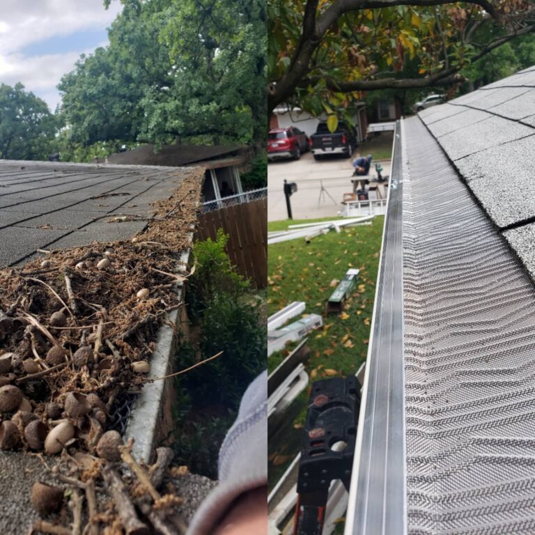 before and after image of a dirty and clean Gutter Fort Worth TX